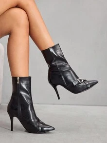 CUCCOO SZL Sepatu Bot Wanita Ujung Lancip Bertumit Tinggi dengan Gesper, Seksi, Elegan, Modis, Panjang Setengah Betis - Hitam - View 9