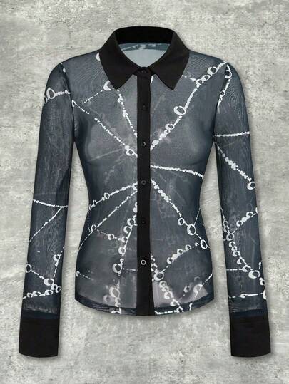 Shutterstock Y2Kool Blusa de mujer de manga larga con parches de malla elástica transparente y estilo de telaraña negra, adecuada para fiestas, reuniones y uso diario casual en otoño/invierno, nueva colección de ropa de estilo elegante para Año Nuevo
