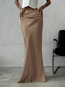 Firerie Váy maxi satin trơn màu đa năng, thanh lịch, lãng mạn, tối giản, dành cho nữ, màu mơ, thu/đông - Màu nâu  Mocha - Xem 3