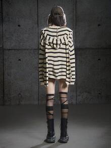 Bloopia 女式可爱兔耳连帽条纹宽松休闲开衫，长袖 - 黑與白 - 查看 2