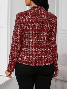 SHEIN Lady 2025新款女士优雅格纹印花开襟酒红色西装外套，适合秋冬季节穿着，圣诞节、感恩节、冬季、女士冬季外套、女士冬季大衣、女士正装。 - 酒紅色 - 查看 2