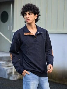 Open Phase STONE DISTRICT Men's Jacquard Knit Long Sleeve Top, Autumn/Winter Minimalist Stand Collar Undershirt, Solid Color Pullover T-Shirt, Men's Long Sleeve T-Shirt, Holiday Gift For Boyfriend Spring To Summer - Navy Blue - View 2