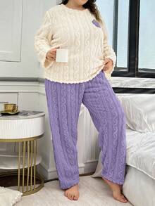 2 Stücke Plüsch bestickte Frucht Top und lila Hose Lässig Große Größen Set, gemütlicher Outfit, Herbst/Winter Kleidung, flauschig - Aprikosenfarben - Übersicht 6