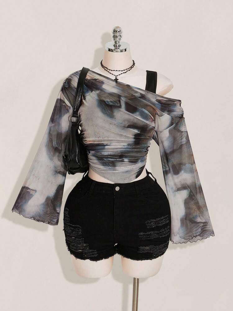 SHEIN ICON Blusa de tallas grandes para mujer con estampado de teñido anudado 2 en 1 - Multicolor - Añade 4