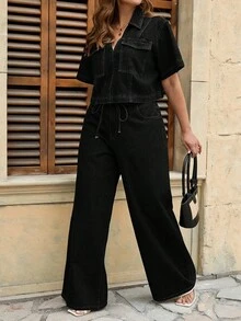 SHEIN Tall CURVE Jeans de pierna ancha, ajuste holgado y casual de talla grande - Negro - Ver 6