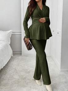 SHEIN Bộ 2 món đồ quấn bà bầu màu trơn hở vai dài tay xếp nếp giản dị thời trang - xanh quân đội - Xem 3
