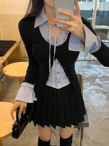 DAZY Women's Striped Patchwork Tie-Up Ruffle Hem Fitted Long Sleeve Casual T-Shirt - Black - View 2