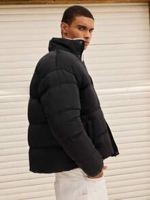 SWAVVY 男士冬季休闲经典字母刺绣高领保暖加厚外套 - 黑色 - 查看 3