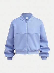 SHEIN 2 件套青少年女孩秋季休闲装 - 长袖拉链连帽运动衫 + 阔腿运动裤套装，适合日常、居家和街头穿着，舒适 - 淺藍色 - 查看 6
