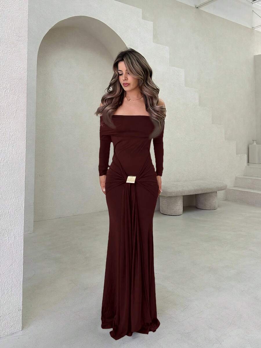 Jemour Sukienka maxi z odkrytymi ramionami i długim rękawem, wakacje, lato, wiosna, romantyczna, wesele, ukończenie szkoły, bal maturalny, wakacje, wesele, elegancka, urodziny, kościół, wieczorne wyjście - Kawa - Zobacz 1