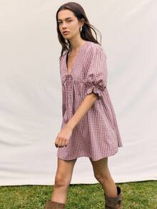 Nöista Women's Summer Casual Vacation Style Printed V-Neck Front Tie Puff Sleeve Babydoll Dress - Baby Pink - View 1