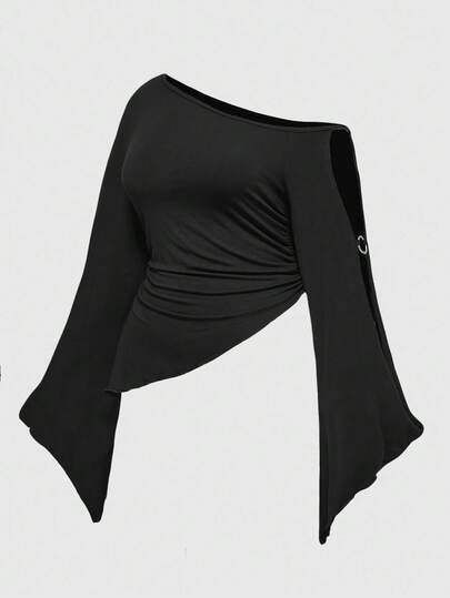 Blusa ajustada con volantes, cuello asimétrico y mangas acampanadas, de unicolor y elegante, para mujer de talla grande, para primavera/otoño