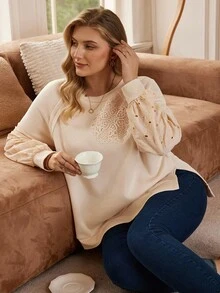 Rosumi Plus Size Elegant Lace Floral Embroidery Sweatshirt, Autumn/Winter - Beige - View 2
