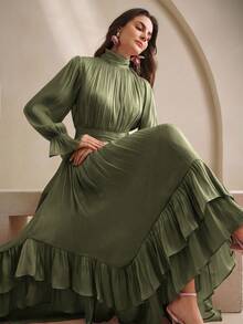 Anewsta Elegant Sage Green Vintage Asymmetrical Ruffle Hem Flare Sleeve Maxi Dress,Perfect For Autumn Day Party,Wedding,New Year Evening & Stylish Chic Gown - Green - View 3