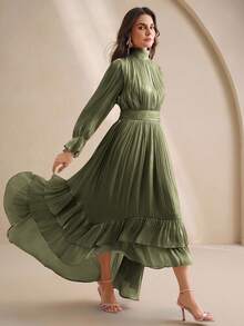 Anewsta Elegant Sage Green Vintage Asymmetrical Ruffle Hem Flare Sleeve Maxi Dress,Perfect For Autumn Day Party,Wedding,New Year Evening & Stylish Chic Gown - Green - View 5