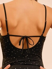 lacRébo 黑色钻石装饰方领连体衣，露背系带设计，适合秋冬季派对晚会