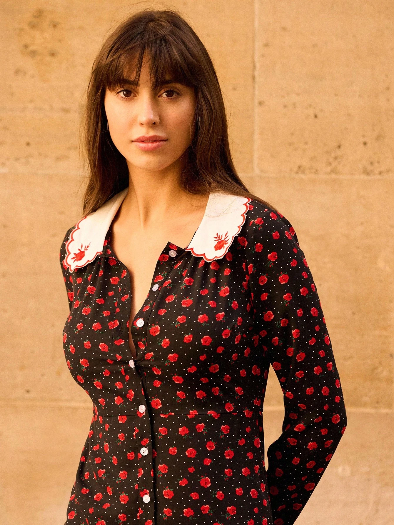 Black Button-Front Mini Dress With Red Floral Print And Contrast Embroidered Peter Pan Collar Spring Summer Spring Women Clothes Spring Summer French Style Dress Going Out Dress Office Dress