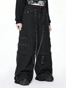 ROMWE Grunge Punk 大码街头朋克风格链条装饰宽松黑色牛仔裤，大码日常黑色牛仔裤，休闲女式下装，大码女式下装，秋冬街头时尚大码牛仔裤 - 黑色 - 查看 6