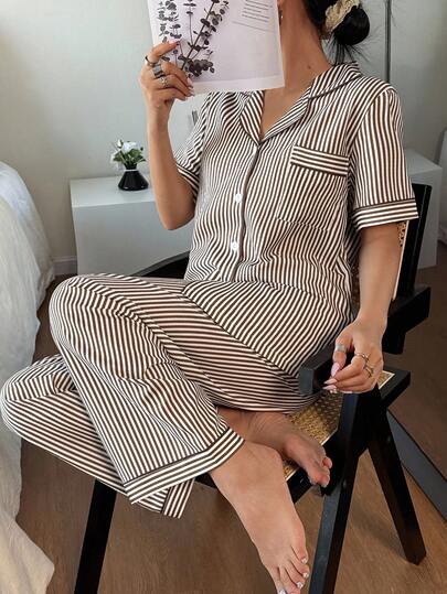 Gestreepte Collar Short Sleeve Pajama Set Curve Pyjama Women Dress Sleep Wear Coffee Woman view 5