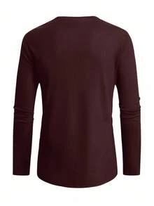 Manfinity Homme Áo thun nam tay dài thiết kế nút màu trơn, áo thun Henley nam, mùa thu - Màu Đỏ Sâu - Xem 2