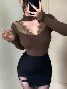 DAZY Women's Contrast Lace Hollow Out Fitted Long Sleeve Sweater, White, Spring/Autumn - Brown - View 4