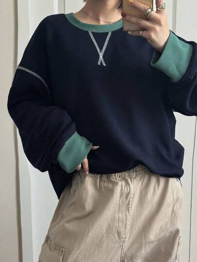 FRIFUL 女式海军蓝撞色绿圆领白色明线装饰落肩长袖宽松休闲百搭T恤，秋冬