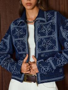 Easelle 女式花卉刺绣长袖拉链休闲牛仔夹克，秋季