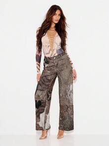KIZN Wide Leg Patchwork Denim Jeans High Rise Mixed Print Snake Textured Fall Winter Statement Pants Party Club Wear Festival Fashion - Chocolate Brown - View 3
