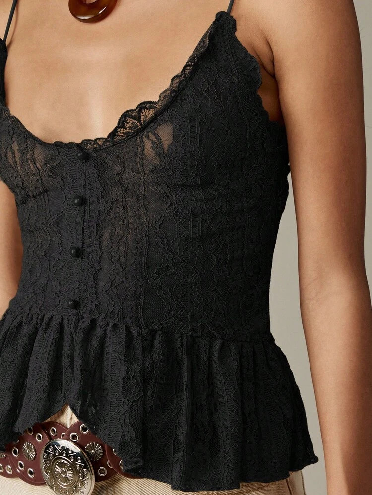 MISSGUIDED Vintage Style Lace Corset Cami Top With Frill Hem Delicate Button Front Bustier Design Evening Party Daytime Wear Victorian Inspired Summer Camisole With Adjustable Straps