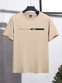 Manfinity Homme 修身男士休闲短袖T恤，简约百搭未来T恤 - 杏色 - 查看 3