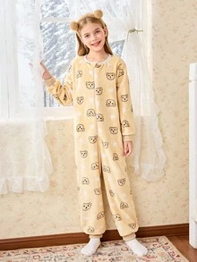 青少年女孩可爱棕熊毛绒睡衣 - 彩色 - 查看 3