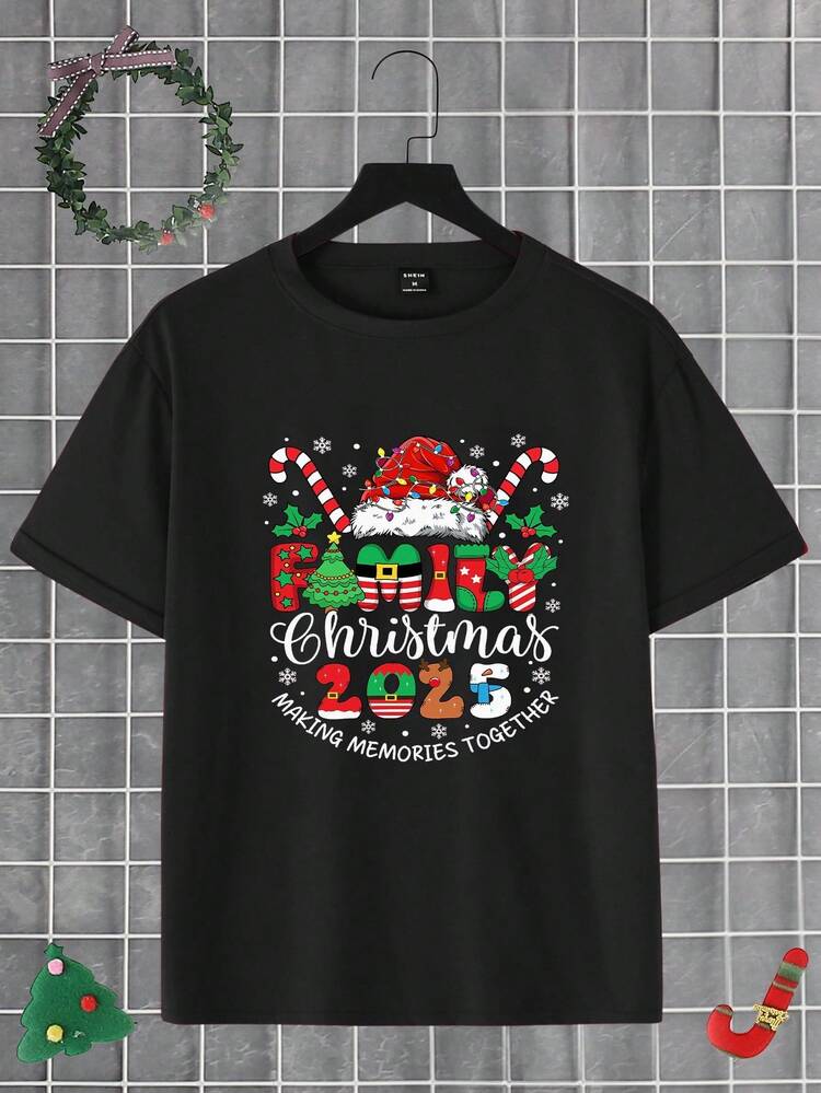 圣诞快乐男士时尚卡通可爱圣诞老人棒棒糖图形字母标语基本款短袖T恤，适合圣诞派对和外出 - 黑色 - 查看 4