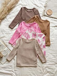 SHEIN Vintaside Kids 5件装女童可爱罗纹蝴蝶结印花圆领长袖T恤 - 粉色 - 查看 2