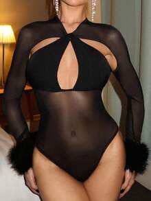 Relinas Sexy Mesh Patchwork Kreuz-Büste transparente Langarm FellBodysuit für Frauen