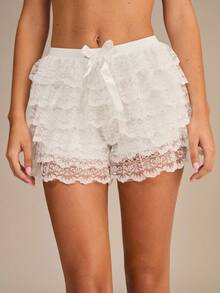 Enchnt Women Safety Shorts, Contrast Lace And Layered Ruffles Lingerie - White - View 4