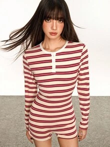 SHEIN 时尚女士拼色条纹V领休闲连体裤，秋季服装，时尚，复古条纹，姐妹礼物，家庭礼物，节日礼物，复古条纹 - 彩色 - 查看 4