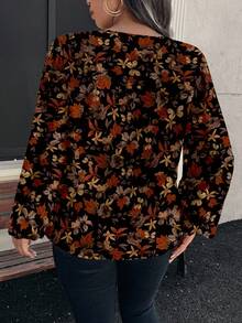 EMERY ROSE 大码女式休闲优雅复古枫叶和花卉印花衬衫，适合秋冬季 - 彩色 - 查看 2