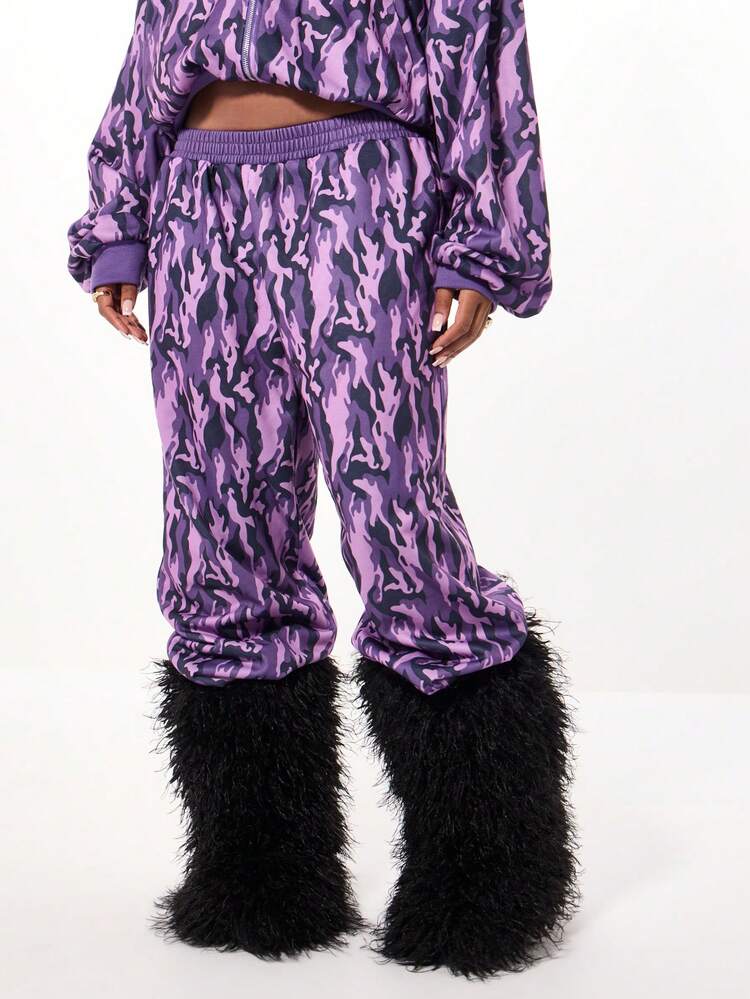 SUMWON WOMEN Purple Camo Print Joggers With Faux Fur Cuffs