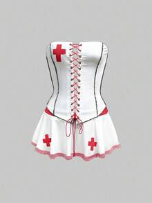 ROMWE Avant Halloween Sexy 2 Pieces Halter Crop Top And Mini Skirt Nurse Costume