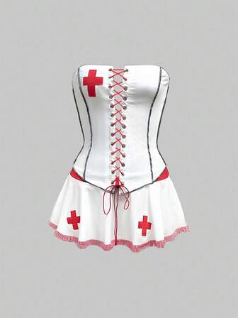 ROMWE Avant Halloween Sexy 2 Pieces Halter Crop Top And Mini Skirt Nurse Costume