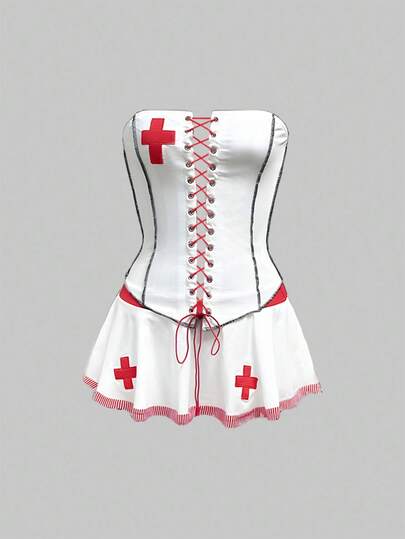 ROMWE Avant Halloween Sexy 2 Pieces Halter Crop Top And Mini Skirt Nurse Costume