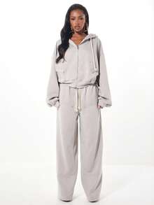 SUMWON WOMEN Pantalones de chándal de pierna ancha con cordón, panel de carga, pantalones de salón cómodos, joggers de invierno acogedores, prendas inferiores amplias y acogedoras - Gris Claro - Ver 3