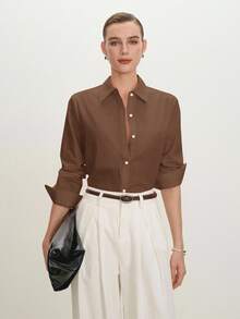 BizChic 春夏新款翻领前开襟女式衬衫，现代优雅都市通勤休闲浪漫90年代复古风，适合圣诞节、新年、情人节、派对、海滩、毕业典礼、嘉年华、假日等各种场合，简约浪漫百搭，适合婚礼宾客、主人、约会、派对、音乐会、早午餐、机场等多种场合。 - 棕色 - 查看 2