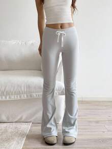 FavEase 女式复古喇叭裤，带保暖衬里，灰色针织面料，粉色 2001 刺绣图案，抽绳腰带，休闲日常穿着，秋冬 - 灰色 - 查看 2