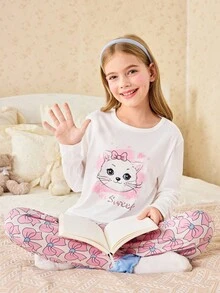 SHEIN Girls Cute Cat Print Short Sleeve Top And Bow Print Long Pants Pajama Set - Pink - View 5