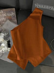 Franclia Fashionable & Elegant S-Shaped Sexy Asymmetric Shoulder Metal Buckle Decor Black Blouse For Women, Spring/Summer - Burnt Orange - View 2