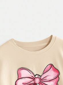 EMERY ROSE 女式休闲蝴蝶结图案圆领落肩短袖T恤 - 杏色 - 查看 5