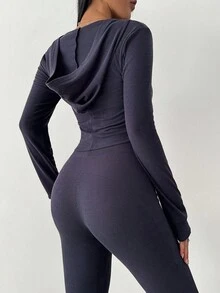 Celisse Damen Einfarbige Langarm Reißverschluss Kapuzenjacke und weite Hose Lässig 2 Stücke Set, Herbst - marineblau - Übersicht 1