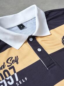 Manfinity Sporsity Men's Letter & Striped Print Casual Short Sleeve Polo Shirt