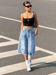 SHEIN ICON 女式做旧纯色磨边休闲牛仔短裤 - 中等水洗藍 - 查看 5